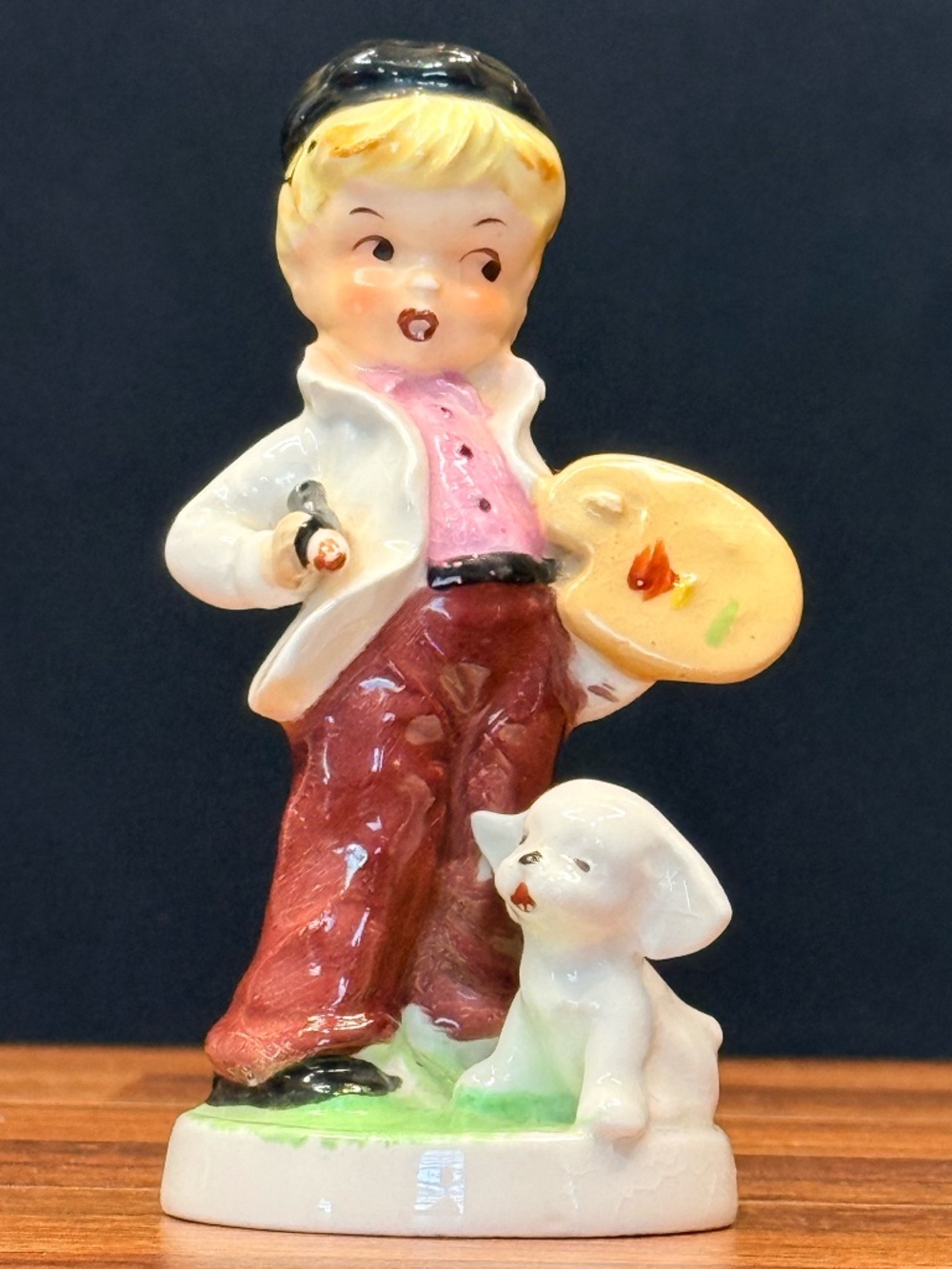 Little Boy Painter with his Dog Figurine
